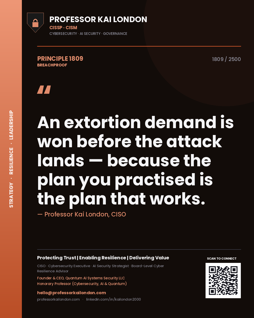 Quote card by Professor Kai London reading 'An extortion demand is won before the attack lands — because the plan you practised is the plan that works.'. From the book Breachproof.
