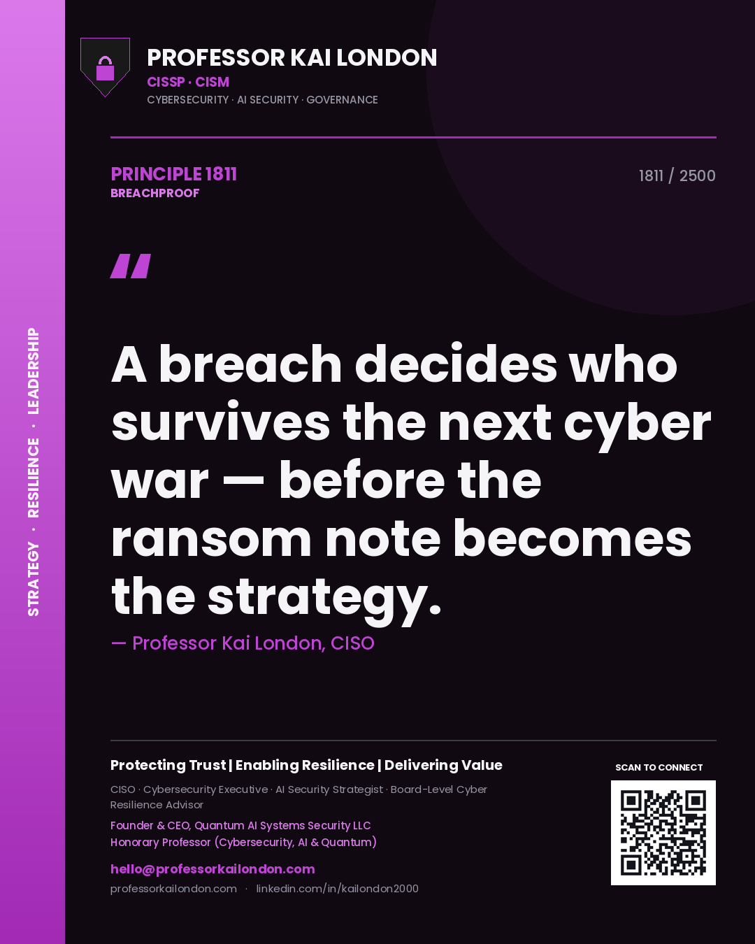 Quote card by Professor Kai London reading 'A breach decides who survives the next cyber war — before the ransom note becomes the strategy.'. From the book Breachproof.