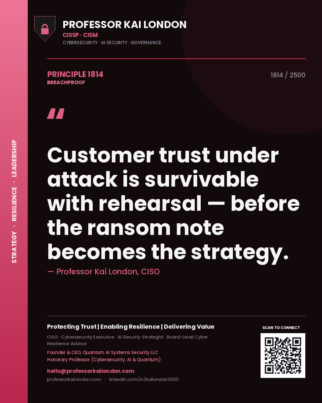 Quote card by Professor Kai London reading 'Customer trust under attack is survivable with rehearsal — before the ransom note becomes the strategy.'. From the book Breachproof.