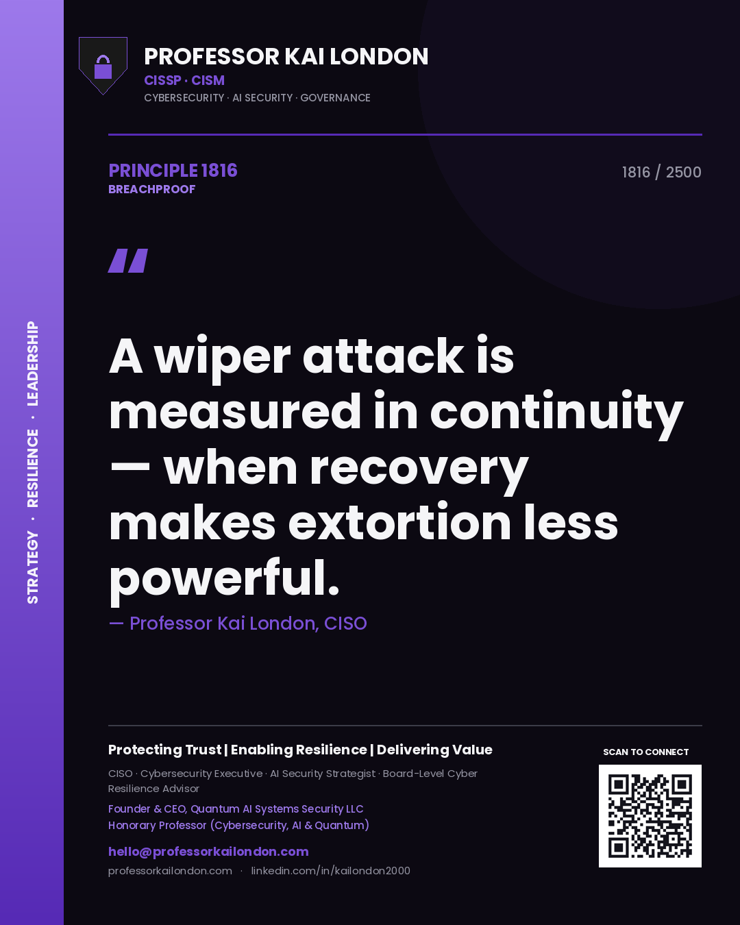 Quote card by Professor Kai London reading 'A wiper attack is measured in continuity — when recovery makes extortion less powerful.'. From the book Breachproof.