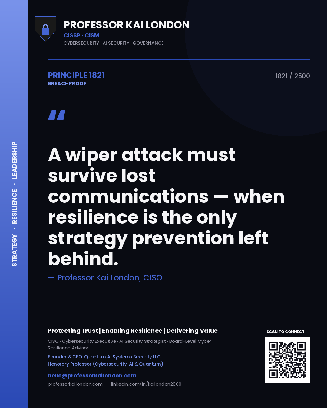 Quote card by Professor Kai London reading 'A wiper attack must survive lost communications — when resilience is the only strategy prevention left behind.'. From the book Breachproof.