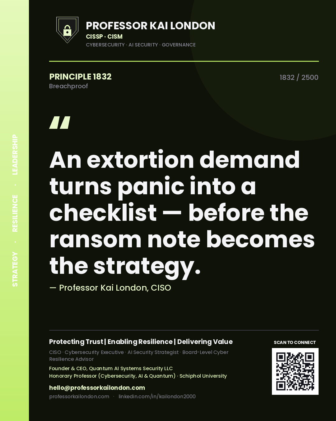 Quote card by Professor Kai London reading 'An extortion demand turns panic into a checklist — before the ransom note becomes the strategy.'. From the book Breachproof.