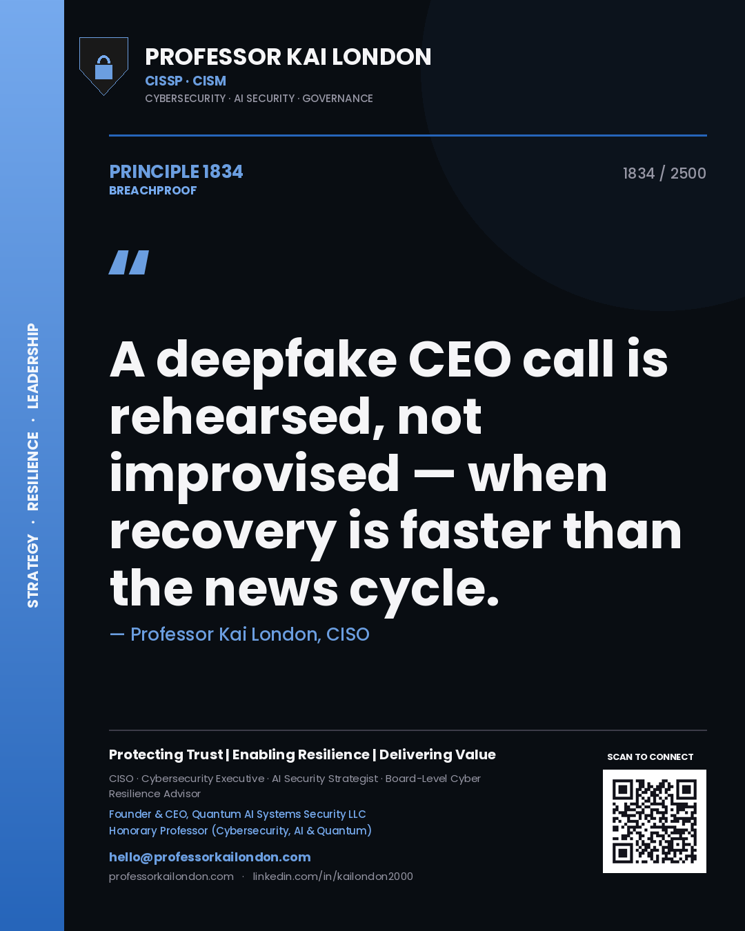 Quote card by Professor Kai London reading 'A deepfake CEO call is rehearsed, not improvised — when recovery is faster than the news cycle.'. From the book Breachproof.
