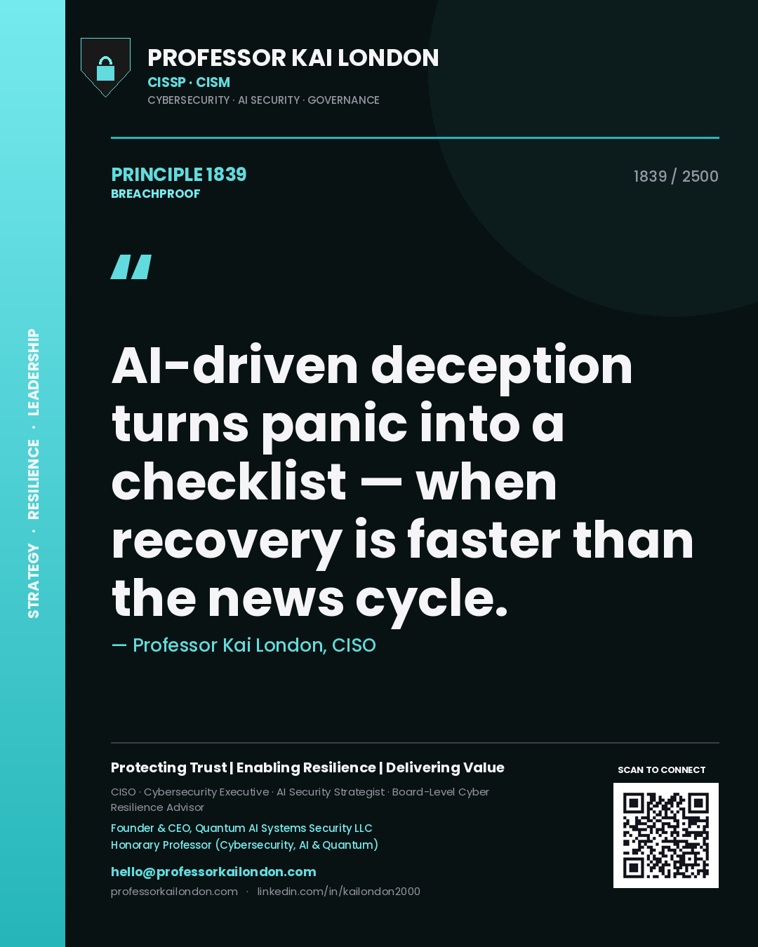 Quote card by Professor Kai London reading 'AI-driven deception turns panic into a checklist — when recovery is faster than the news cycle.'. From the book Breachproof.