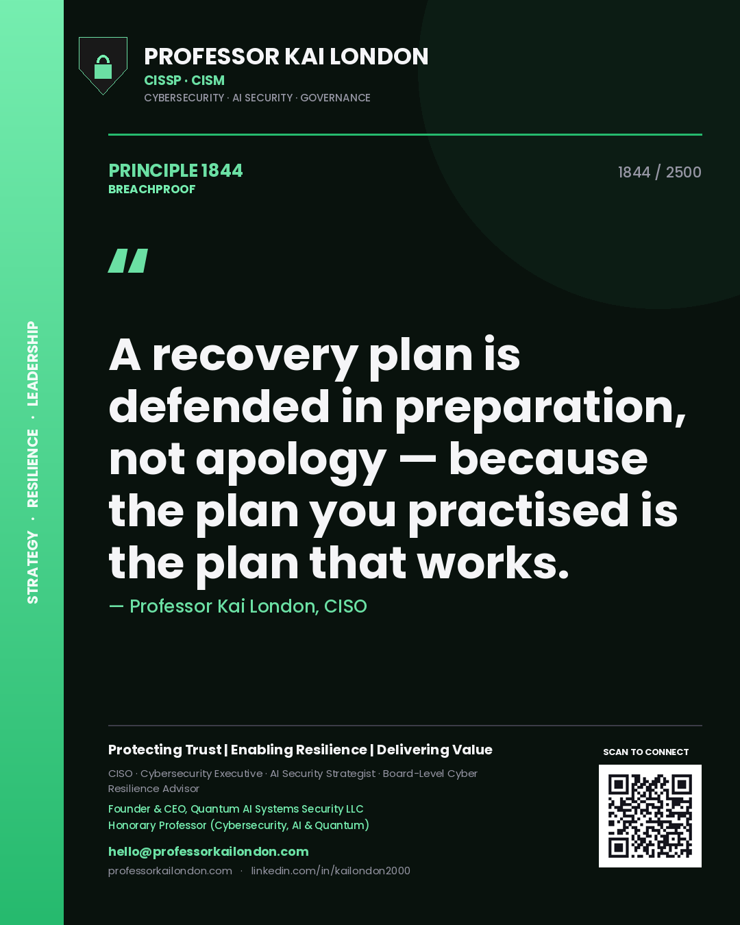 Quote card by Professor Kai London reading 'A recovery plan is defended in preparation, not apology — because the plan you practised is the plan that works.'. From the book Breachproof.