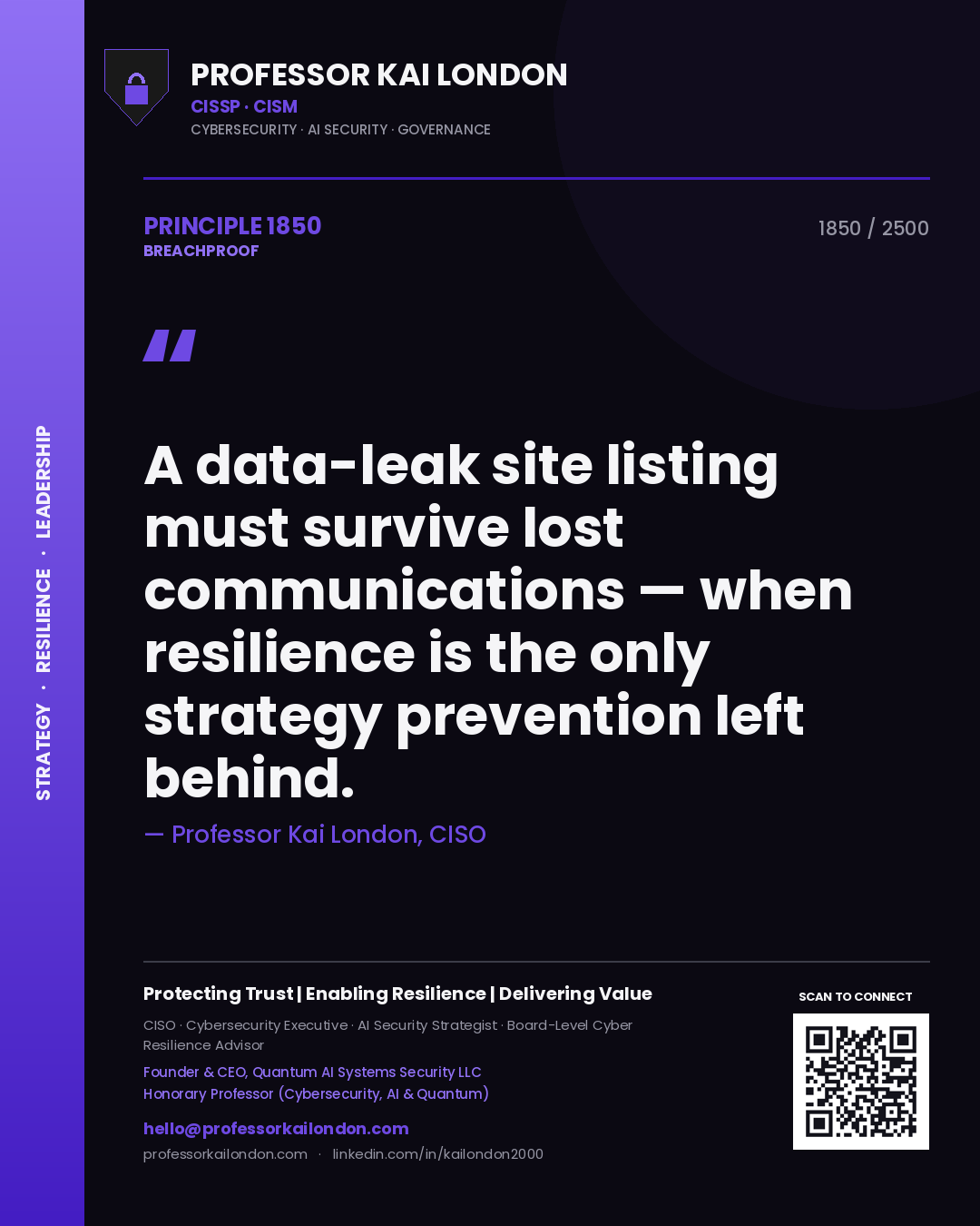 Quote card by Professor Kai London reading 'A data-leak site listing must survive lost communications — when resilience is the only strategy prevention left behind.'. From the book Breachproof.