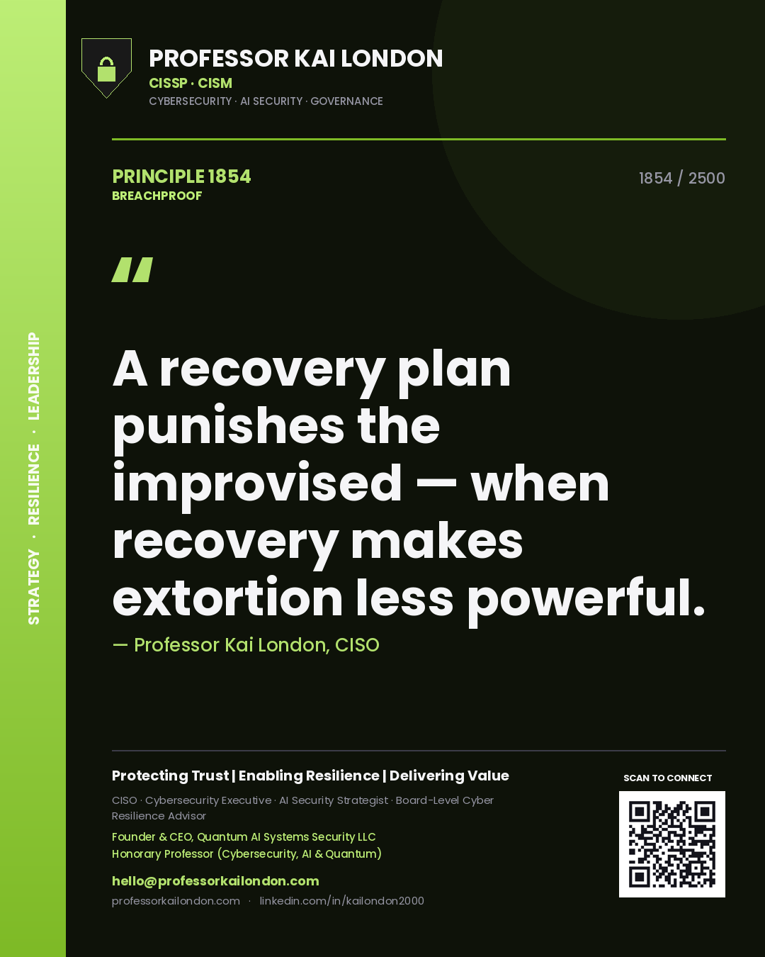 Quote card by Professor Kai London reading 'A recovery plan punishes the improvised — when recovery makes extortion less powerful.'. From the book Breachproof.