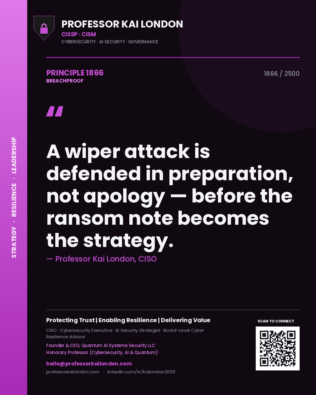 Quote card by Professor Kai London reading 'A wiper attack is defended in preparation, not apology — before the ransom note becomes the strategy.'. From the book Breachproof.