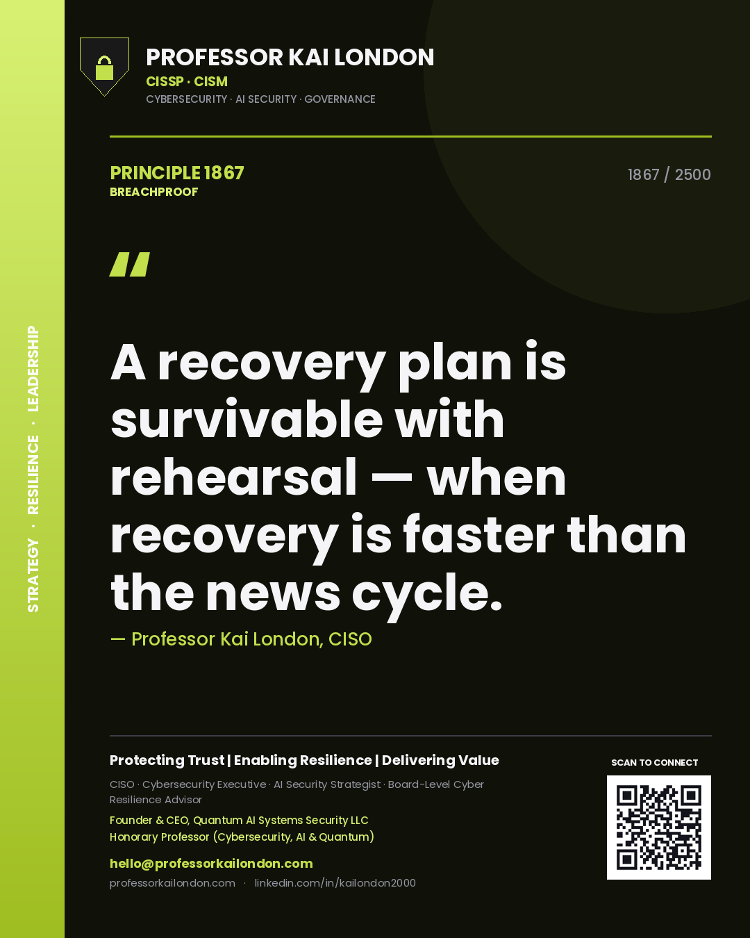 Quote card by Professor Kai London reading 'A recovery plan is survivable with rehearsal — when recovery is faster than the news cycle.'. From the book Breachproof.