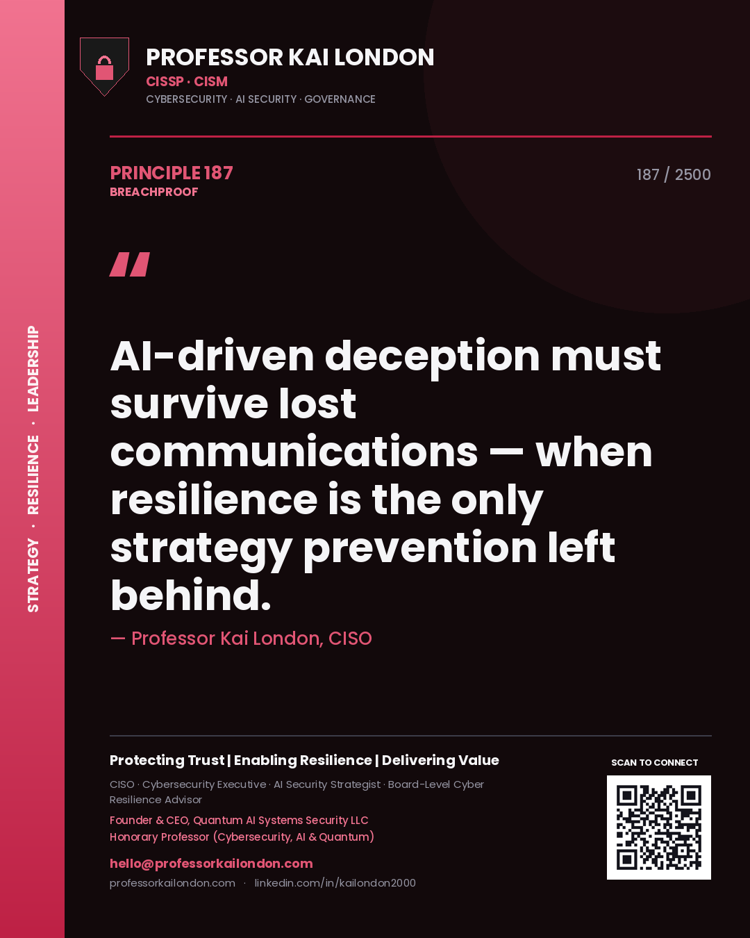 Professor Kai London principle 187: AI-driven deception must survive lost communications — when resilience is the only strategy prevention left behind.