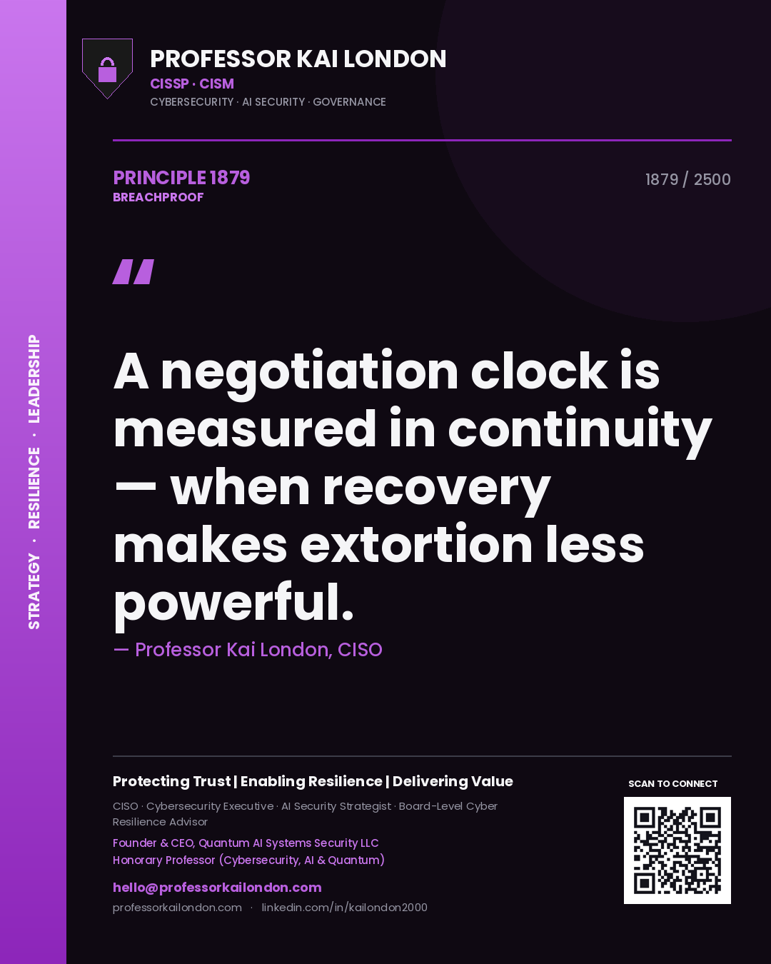 Quote card by Professor Kai London reading 'A negotiation clock is measured in continuity — when recovery makes extortion less powerful.'. From the book Breachproof.
