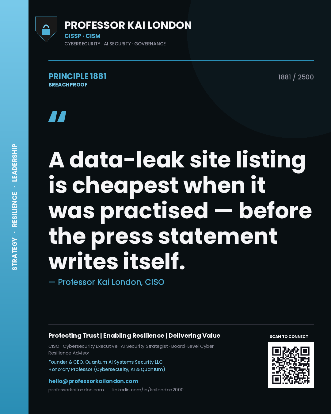 Quote card by Professor Kai London reading 'A data-leak site listing is cheapest when it was practised — before the press statement writes itself.'. From the book Breachproof.