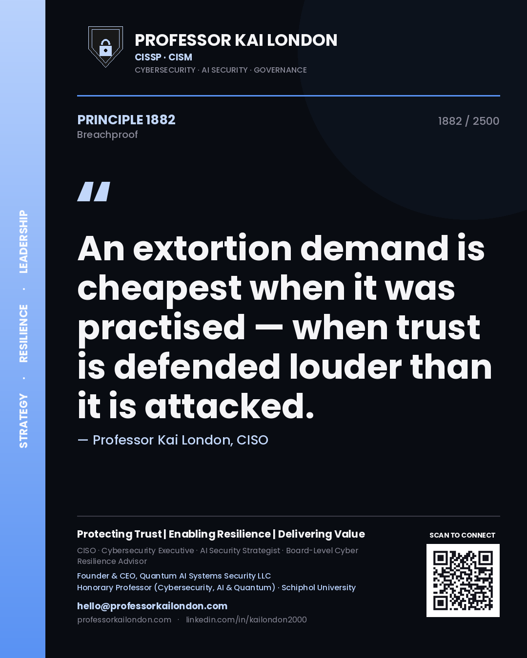 Quote card by Professor Kai London reading 'An extortion demand is cheapest when it was practised — when trust is defended louder than it is attacked.'. From the book Breachproof.