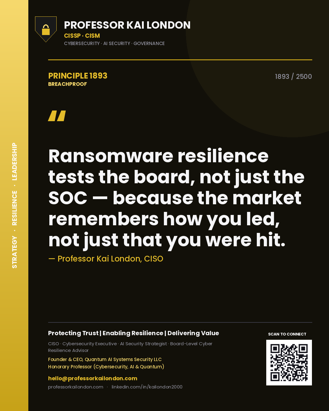Quote card by Professor Kai London reading 'Ransomware resilience tests the board, not just the SOC — because the market remembers how you led, not just that you were hit.'. From the book Breachproof.