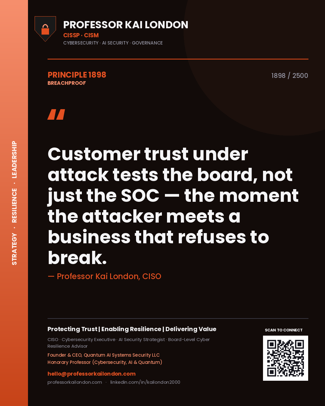 Quote card by Professor Kai London reading 'Customer trust under attack tests the board, not just the SOC — the moment the attacker meets a business that refuses to break.'. From the book Breachproof.