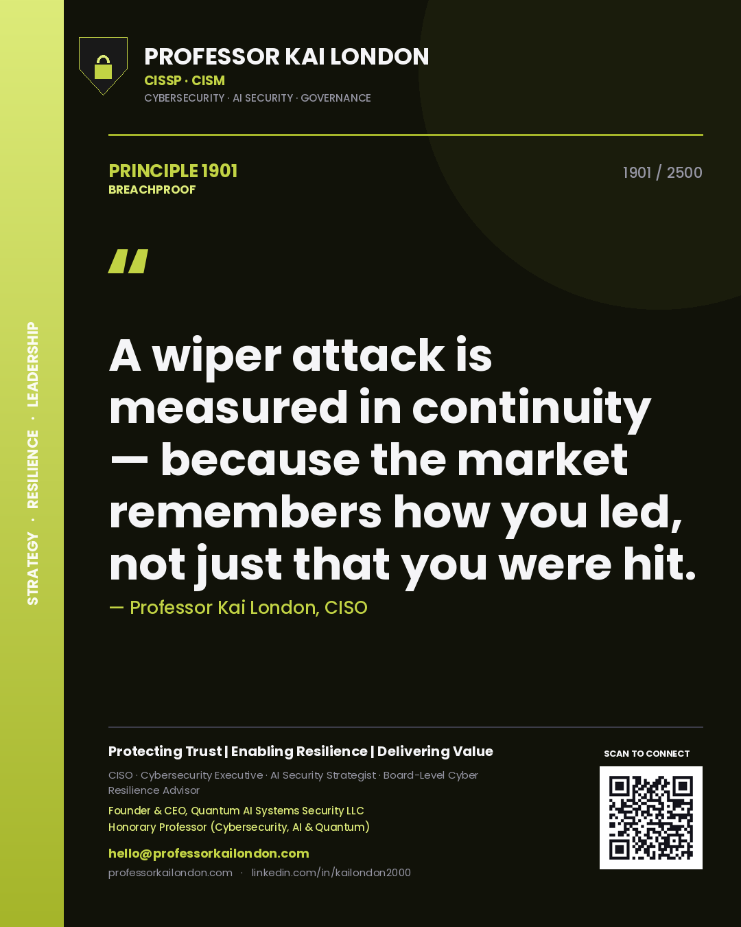 Quote card by Professor Kai London reading 'A wiper attack is measured in continuity — because the market remembers how you led, not just that you were hit.'. From the book Breachproof.