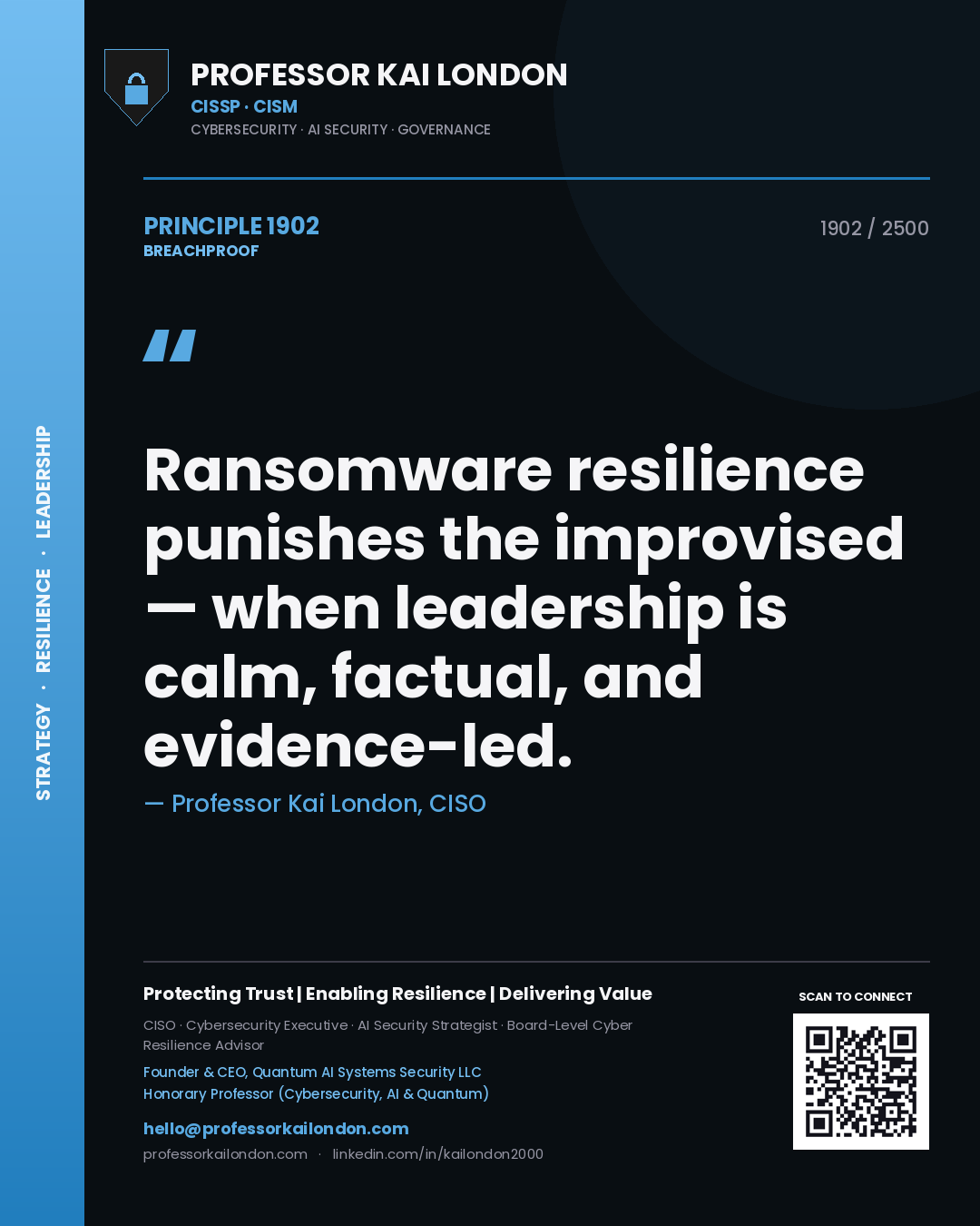Professor Kai London principle 1902: Ransomware resilience punishes the improvised — when leadership is calm, factual, and evidence-led.