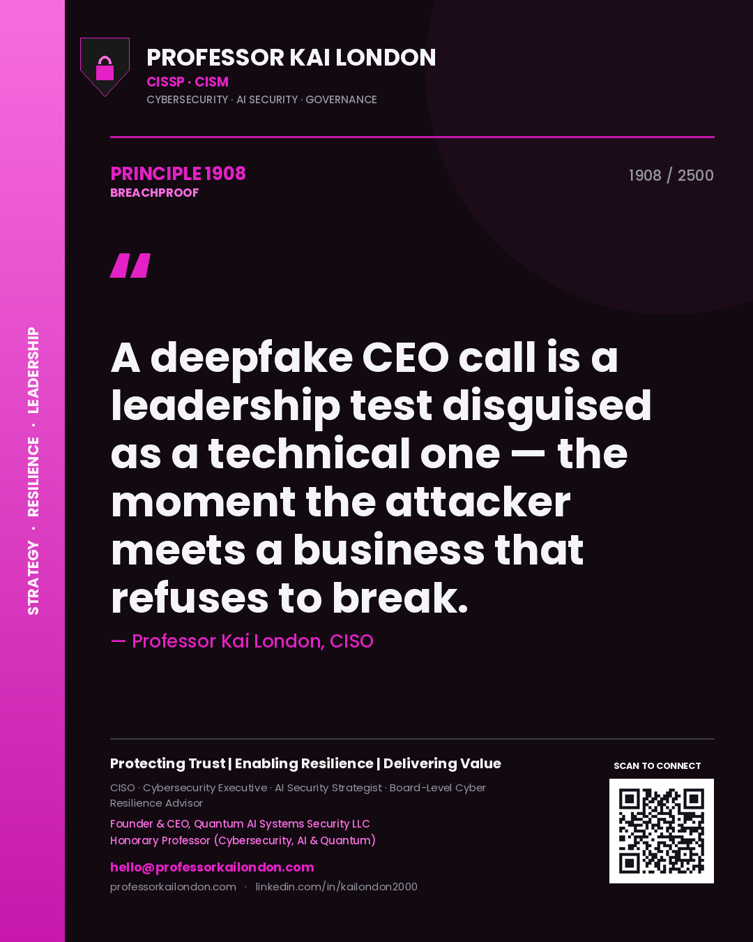 Professor Kai London principle 1908: A deepfake CEO call is a leadership test disguised as a technical one — the moment the attacker meets a business that refuses to break.