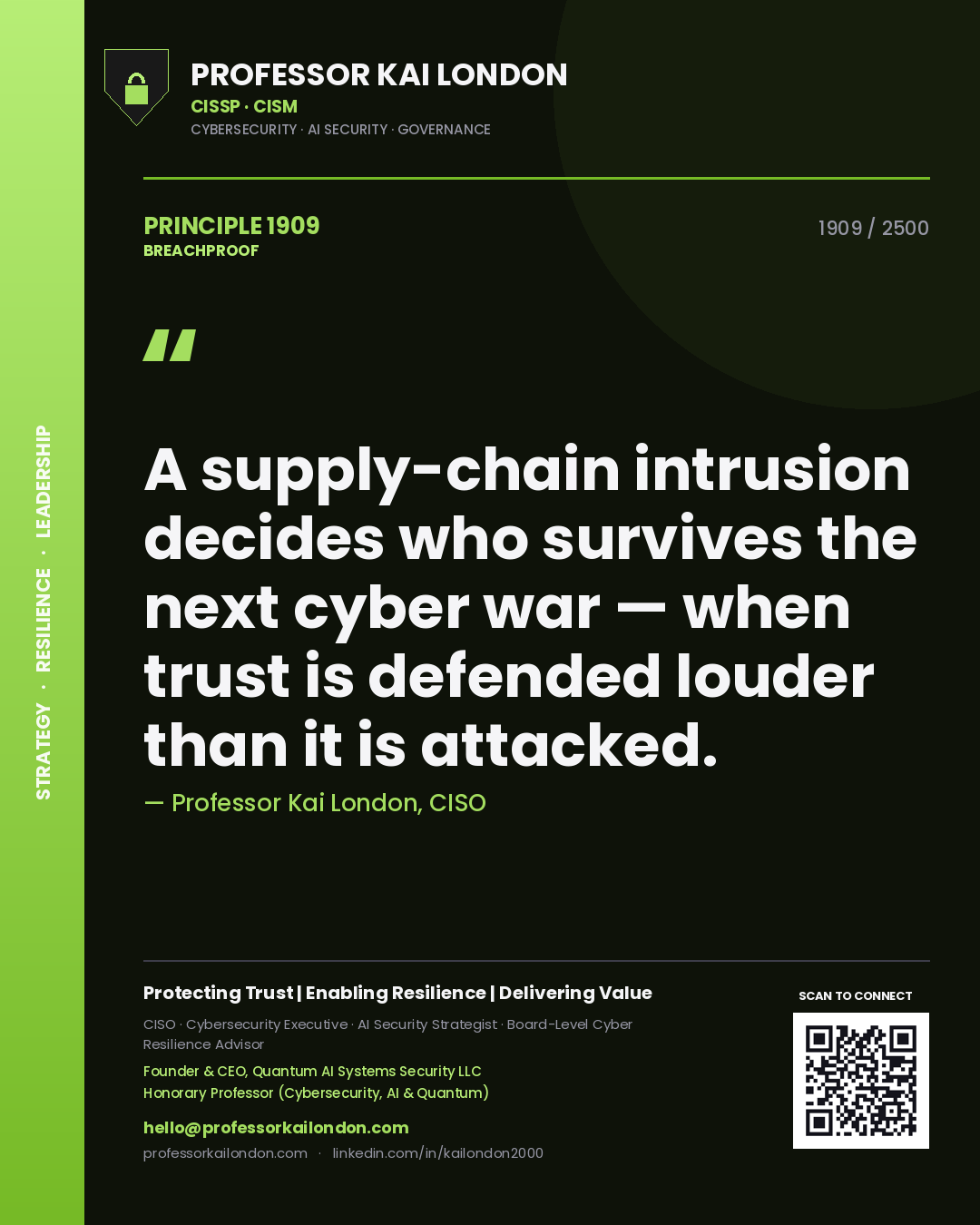 Professor Kai London principle 1909: A supply-chain intrusion decides who survives the next cyber war — when trust is defended louder than it is attacked.