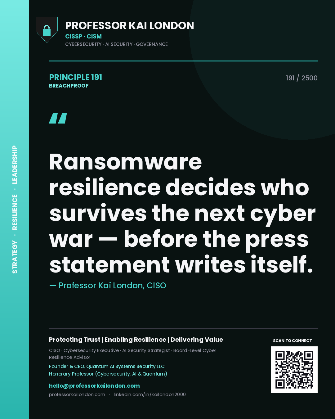 Quote card by Professor Kai London reading 'Ransomware resilience decides who survives the next cyber war — before the press statement writes itself.'. From the book Breachproof.