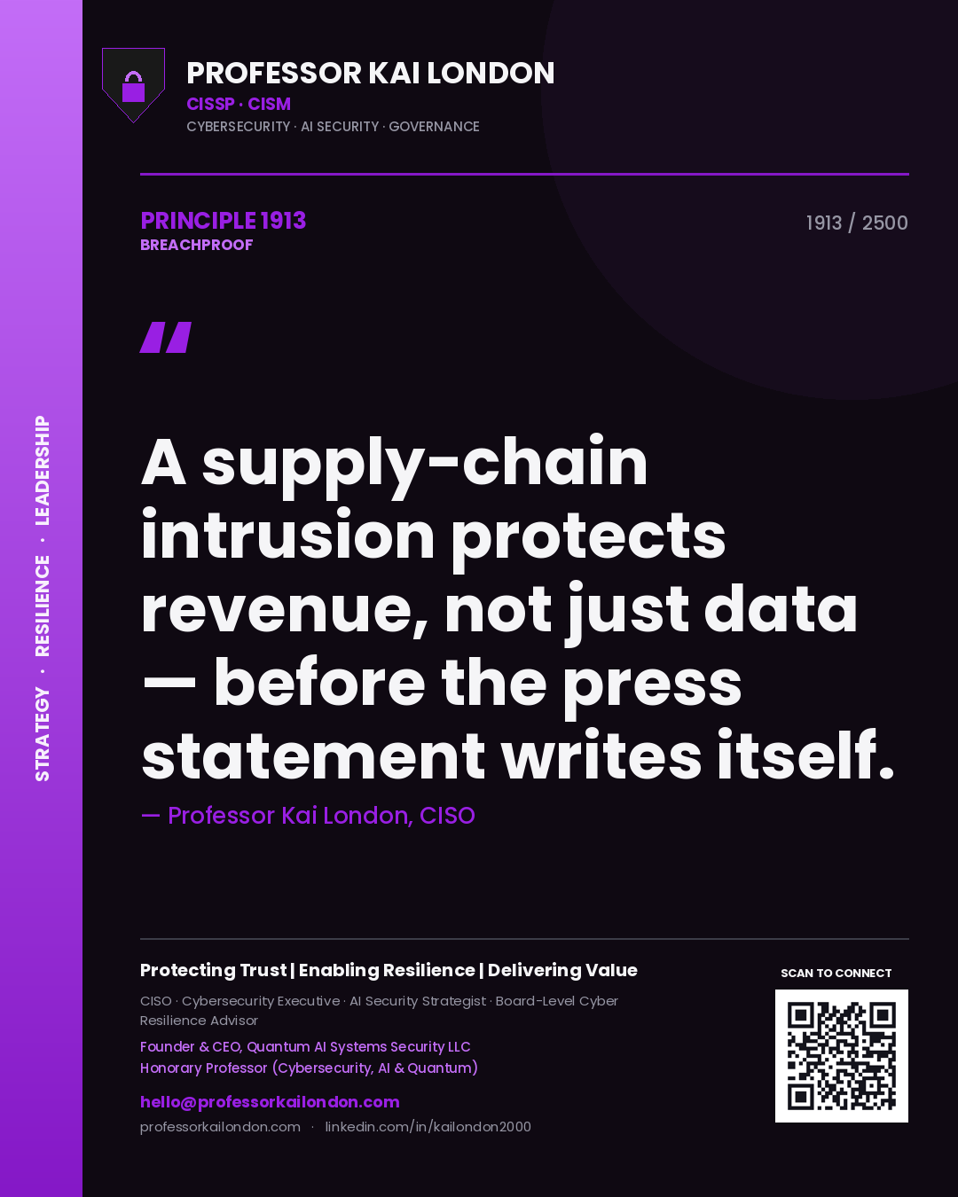 Professor Kai London principle 1913: A supply-chain intrusion protects revenue, not just data — before the press statement writes itself.