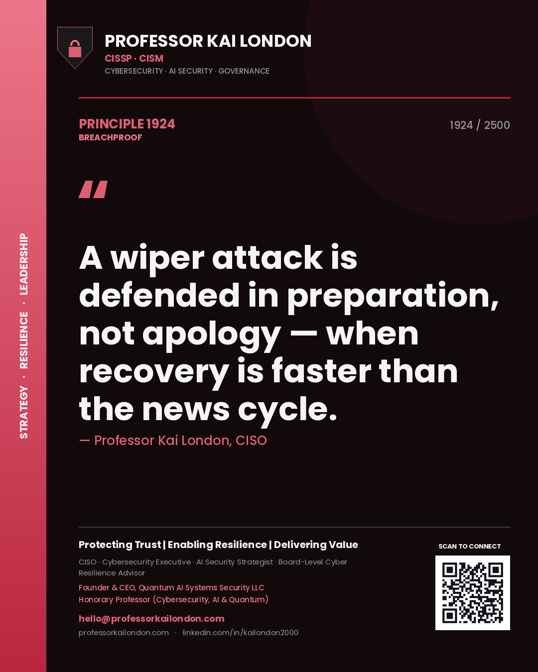 Quote card by Professor Kai London reading 'A wiper attack is defended in preparation, not apology — when recovery is faster than the news cycle.'. From the book Breachproof.