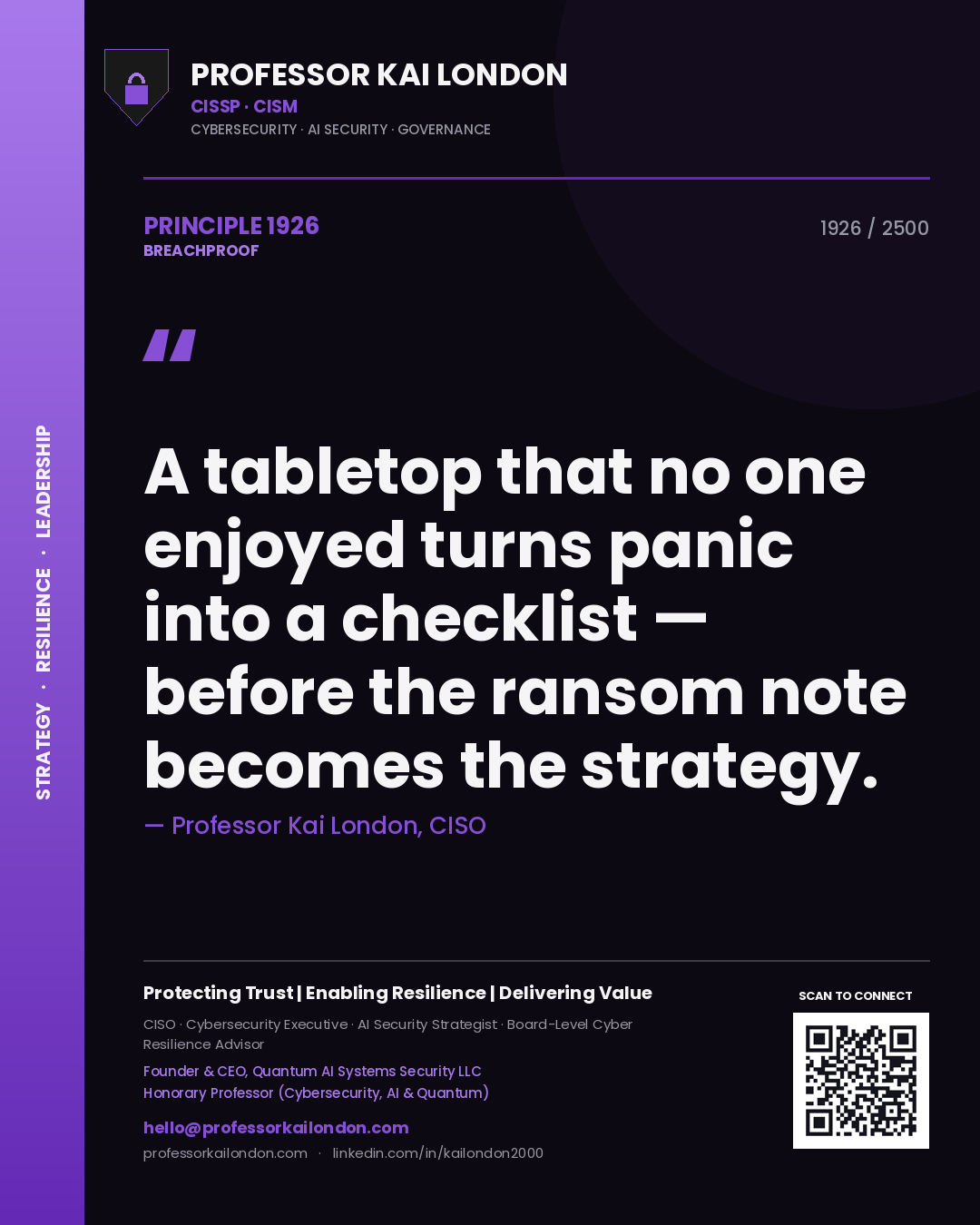 Professor Kai London principle 1926: A tabletop that no one enjoyed turns panic into a checklist — before the ransom note becomes the strategy.