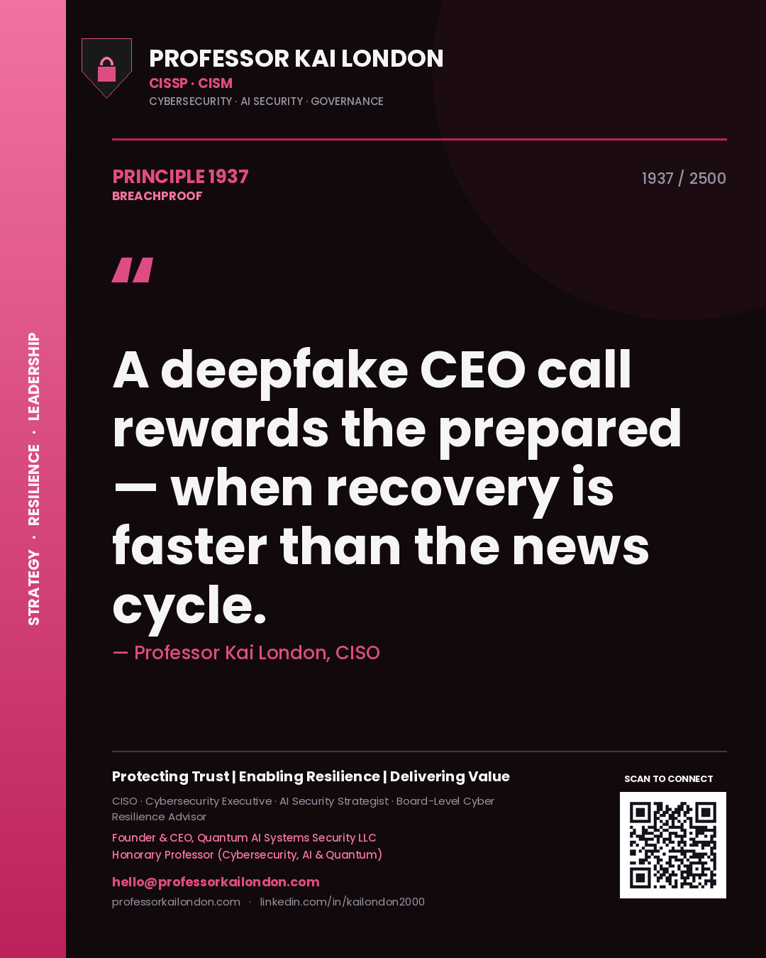 Quote card by Professor Kai London reading 'A deepfake CEO call rewards the prepared — when recovery is faster than the news cycle.'. From the book Breachproof.