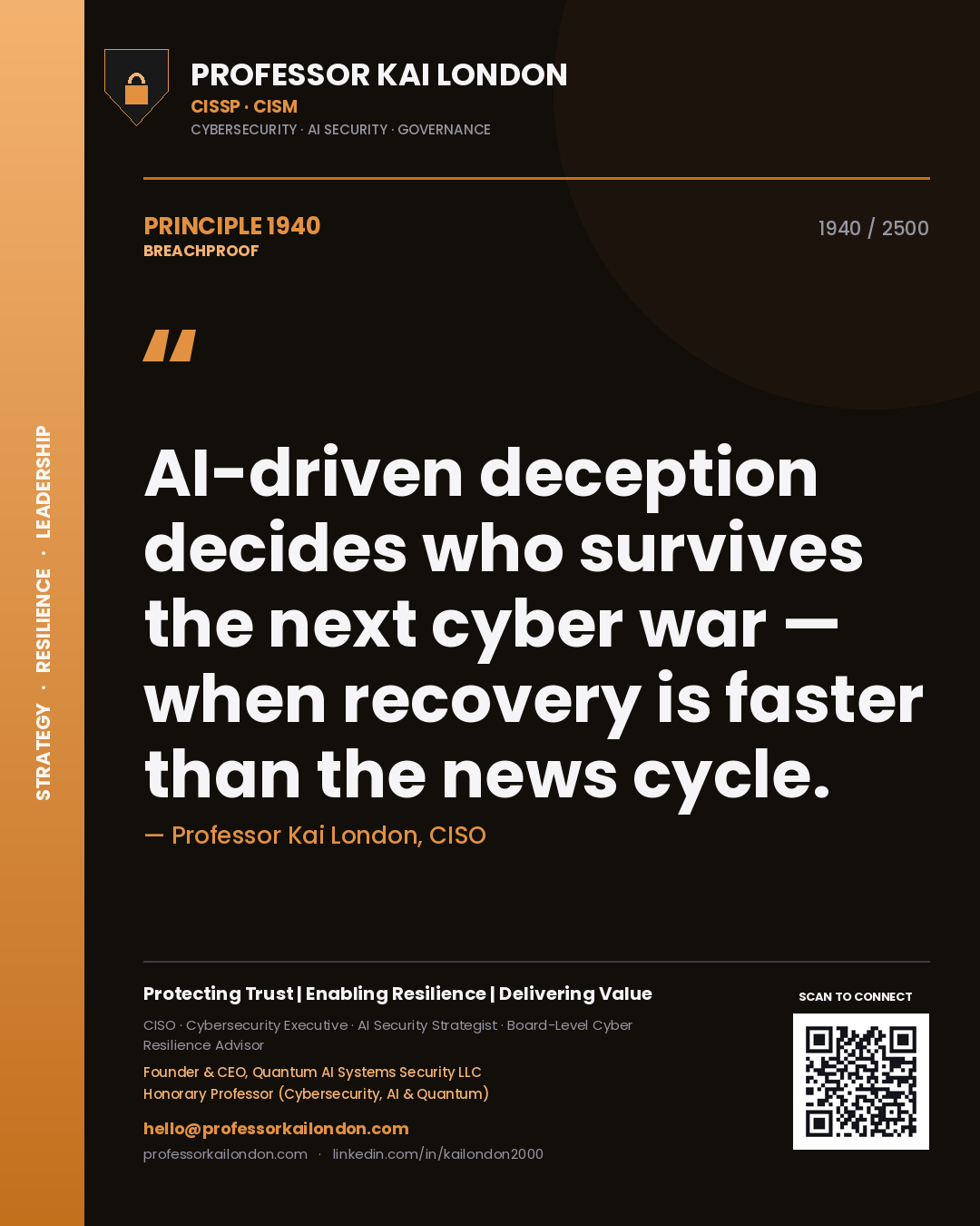 Professor Kai London principle 1940: AI-driven deception decides who survives the next cyber war — when recovery is faster than the news cycle.