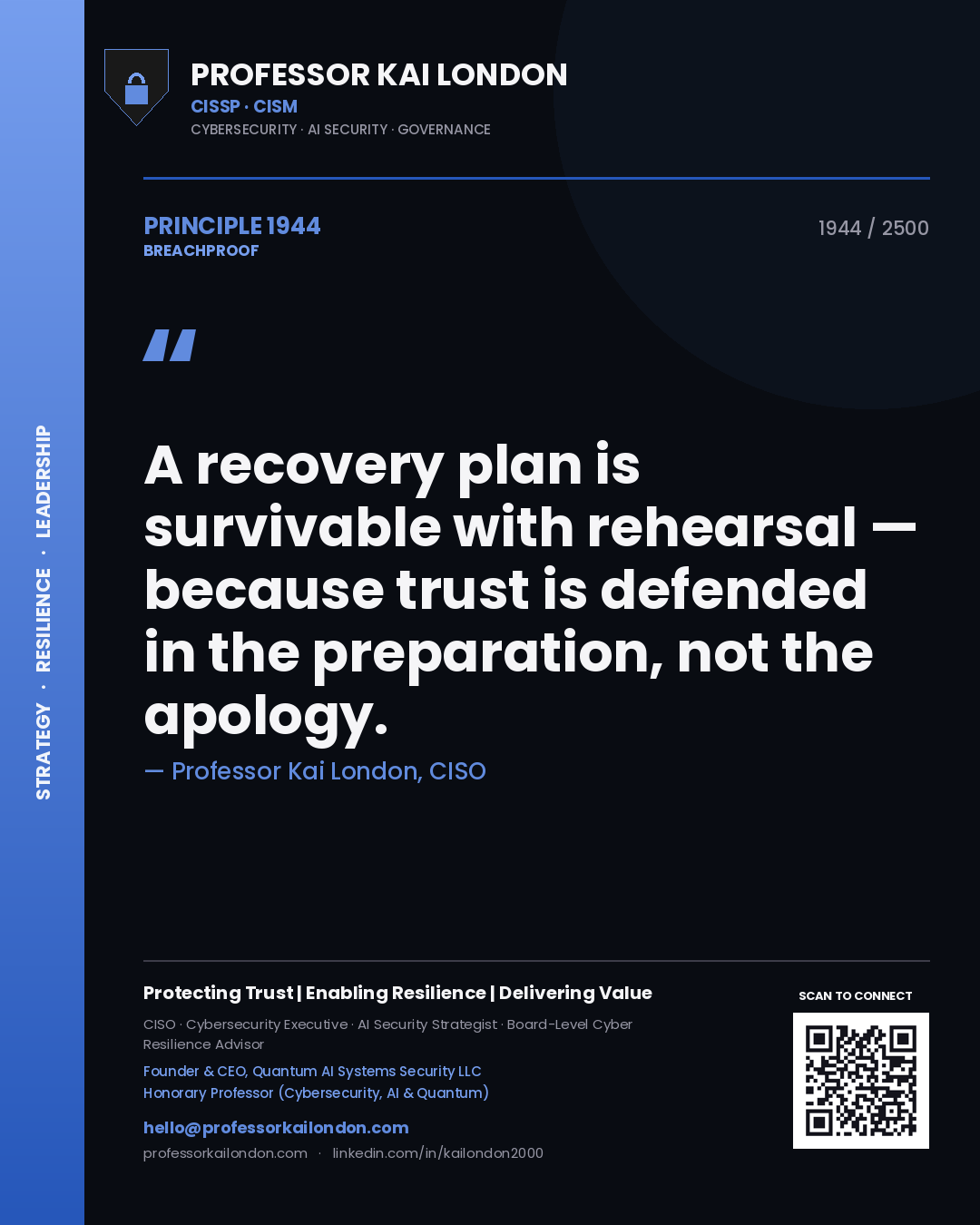 Professor Kai London principle 1944: A recovery plan is survivable with rehearsal — because trust is defended in the preparation, not the apology.