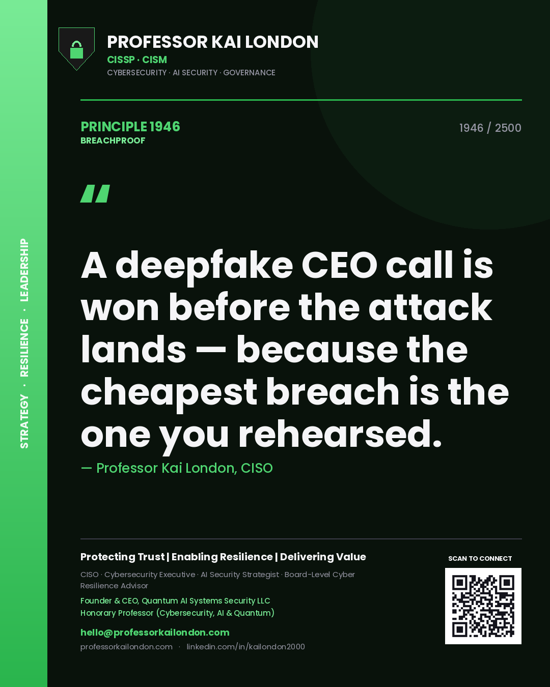 Quote card by Professor Kai London reading 'A deepfake CEO call is won before the attack lands — because the cheapest breach is the one you rehearsed.'. From the book Breachproof.