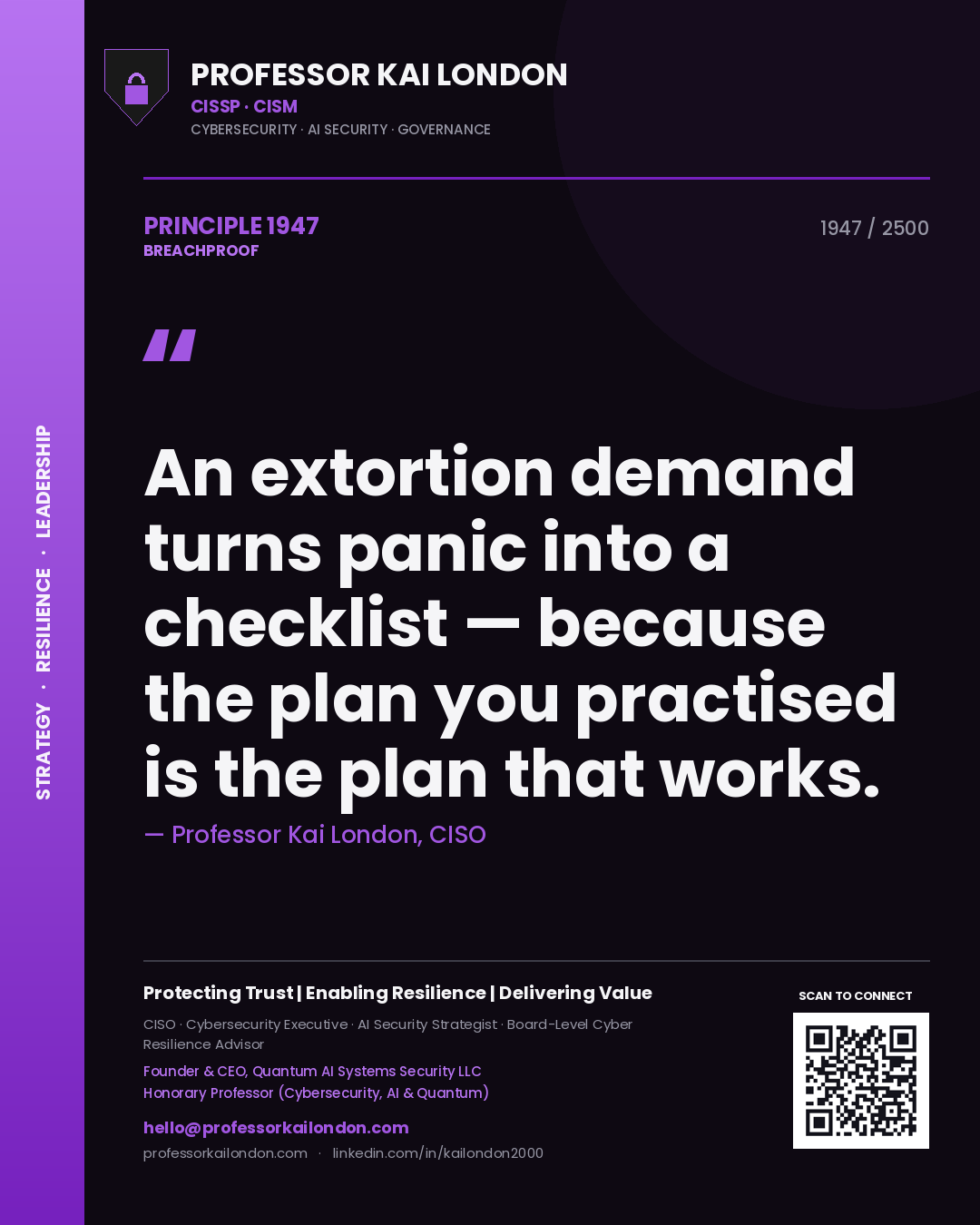 Quote card by Professor Kai London reading 'An extortion demand turns panic into a checklist — because the plan you practised is the plan that works.'. From the book Breachproof.