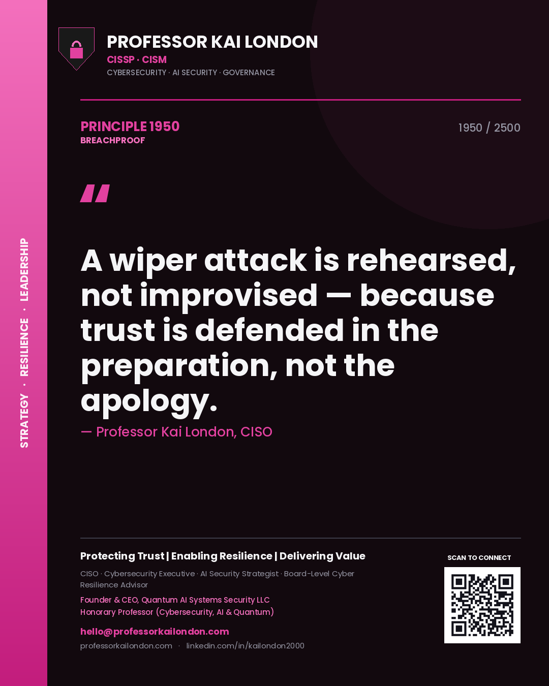 Professor Kai London principle 1950: A wiper attack is rehearsed, not improvised — because trust is defended in the preparation, not the apology.
