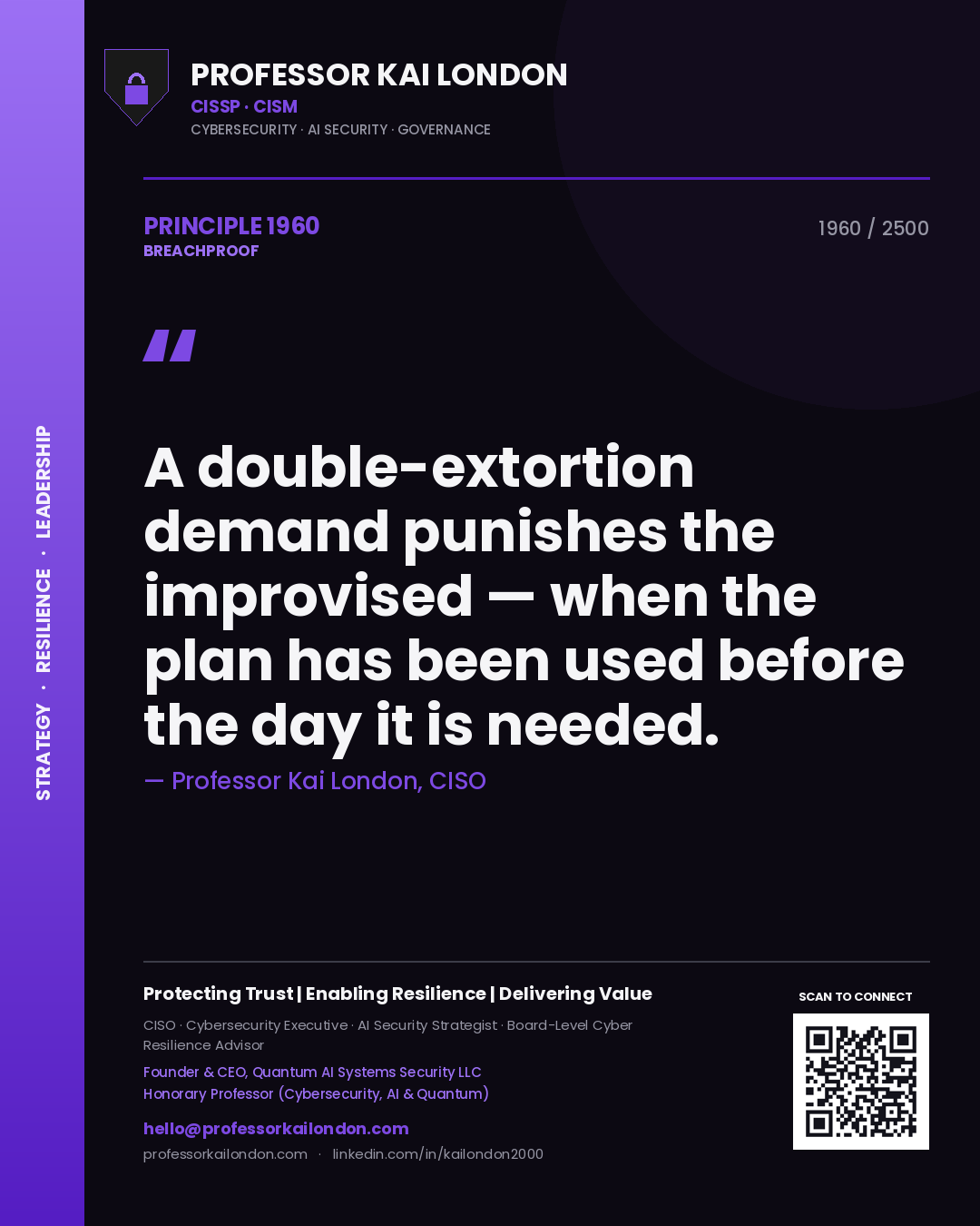 Quote card by Professor Kai London reading 'A double-extortion demand punishes the improvised — when the plan has been used before the day it is needed.'. From the book Breachproof.