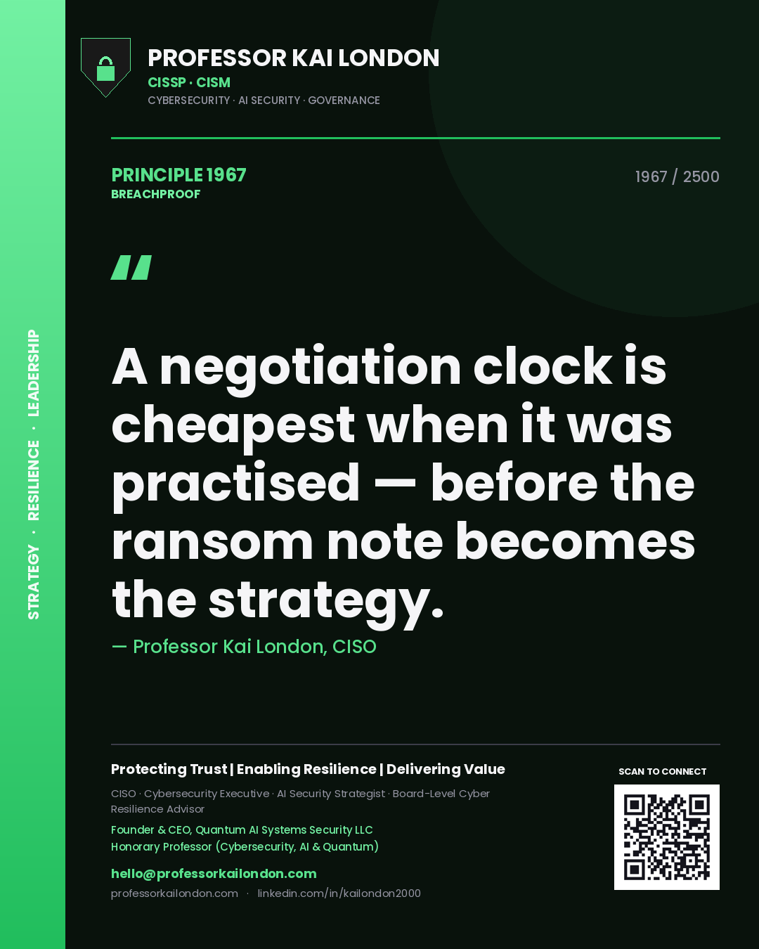 Professor Kai London principle 1967: A negotiation clock is cheapest when it was practised — before the ransom note becomes the strategy.