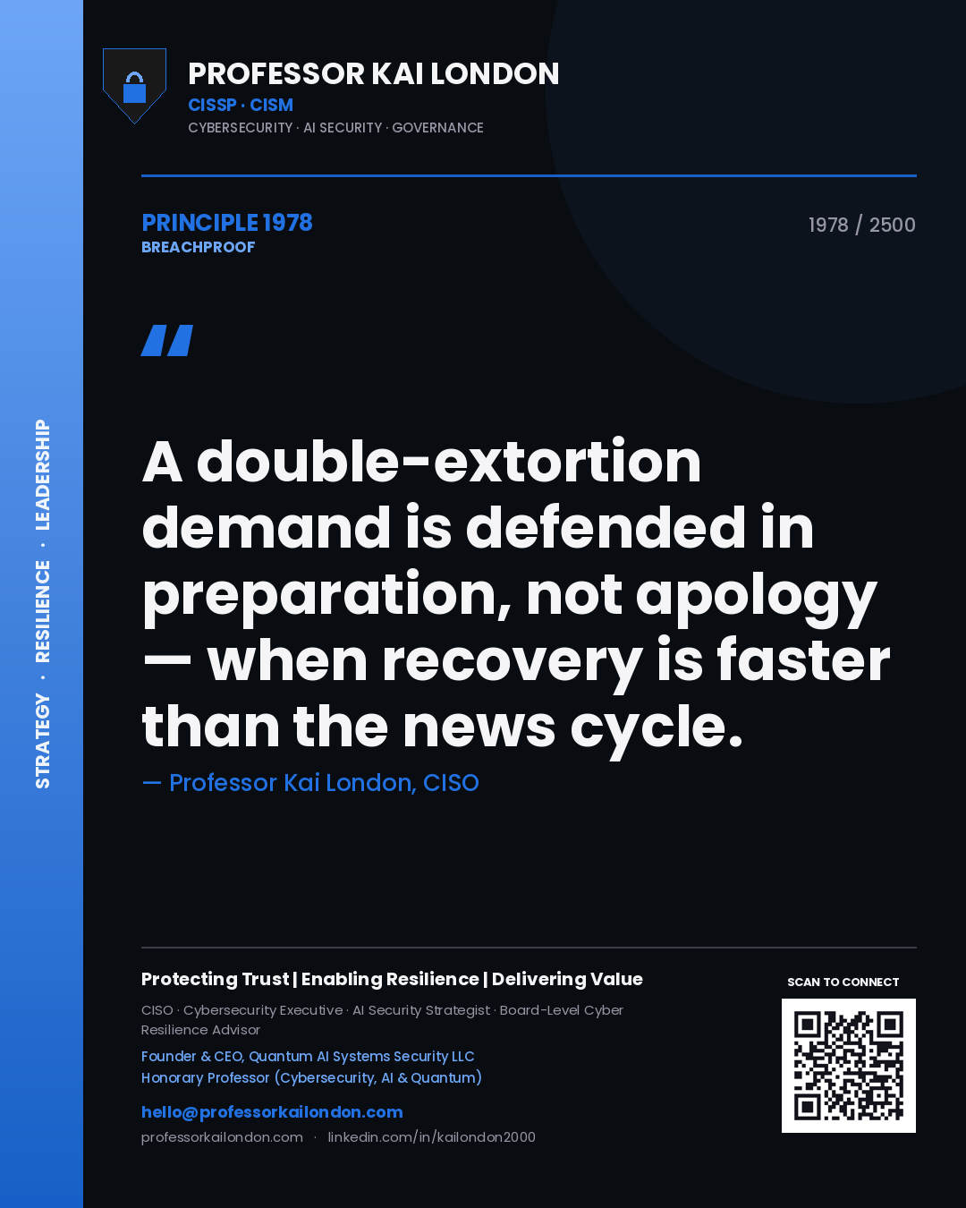 Professor Kai London principle 1978: A double-extortion demand is defended in preparation, not apology — when recovery is faster than the news cycle.