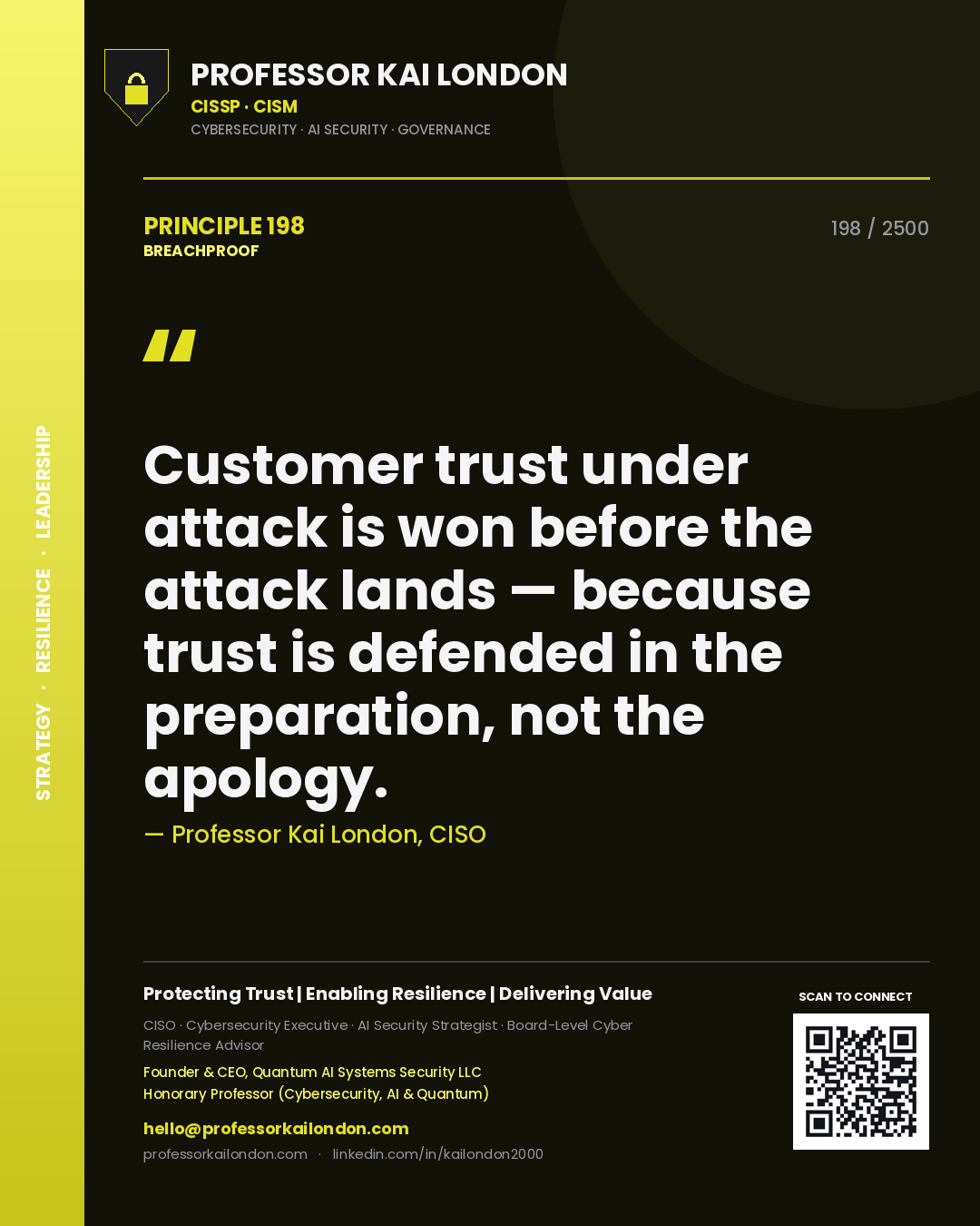 Quote card by Professor Kai London reading 'Customer trust under attack is won before the attack lands — because trust is defended in the preparation, not the apology.'. From the book Breachproof.