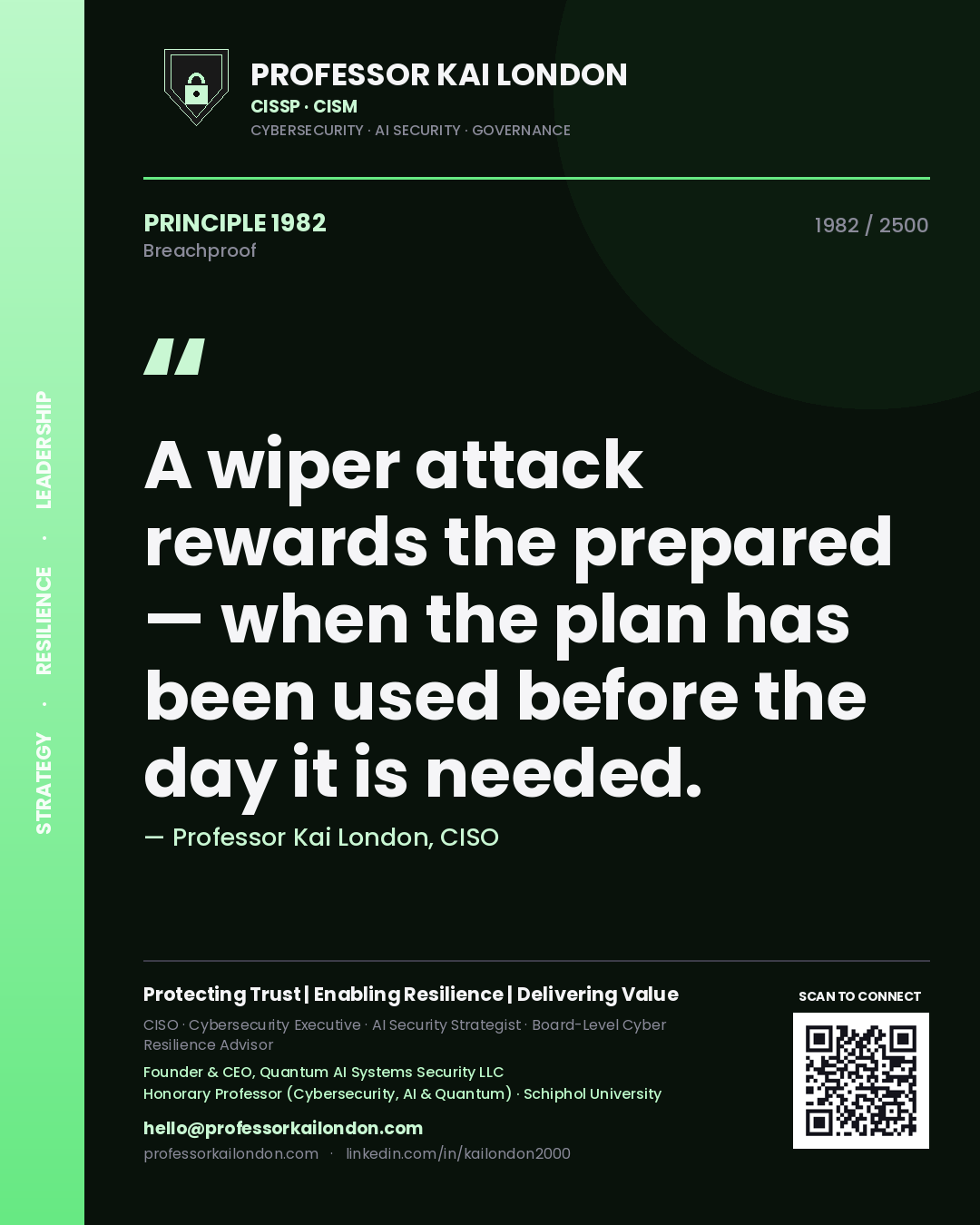 Professor Kai London principle 1982: A wiper attack rewards the prepared — when the plan has been used before the day it is needed.