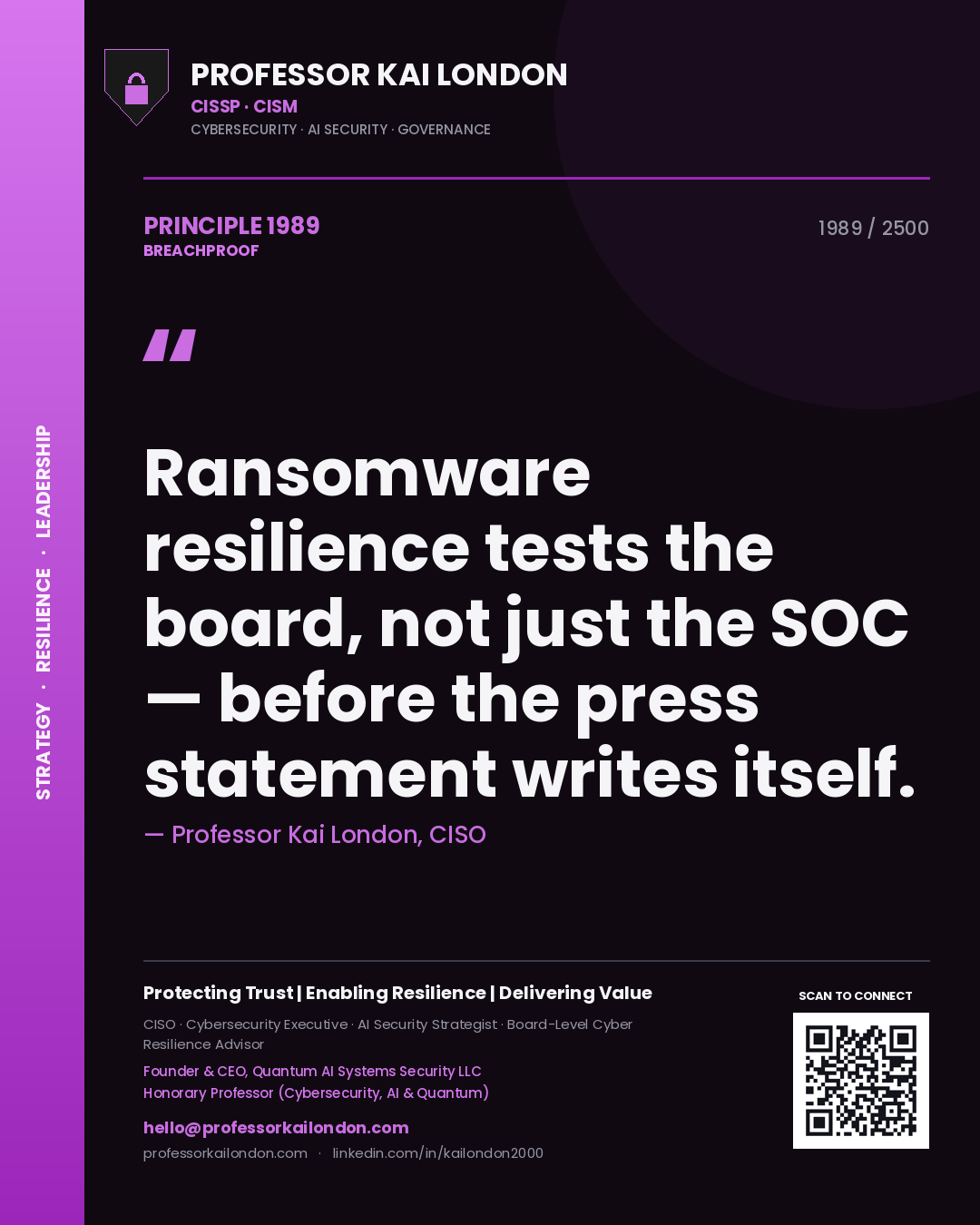 Quote card by Professor Kai London reading 'Ransomware resilience tests the board, not just the SOC — before the press statement writes itself.'. From the book Breachproof.