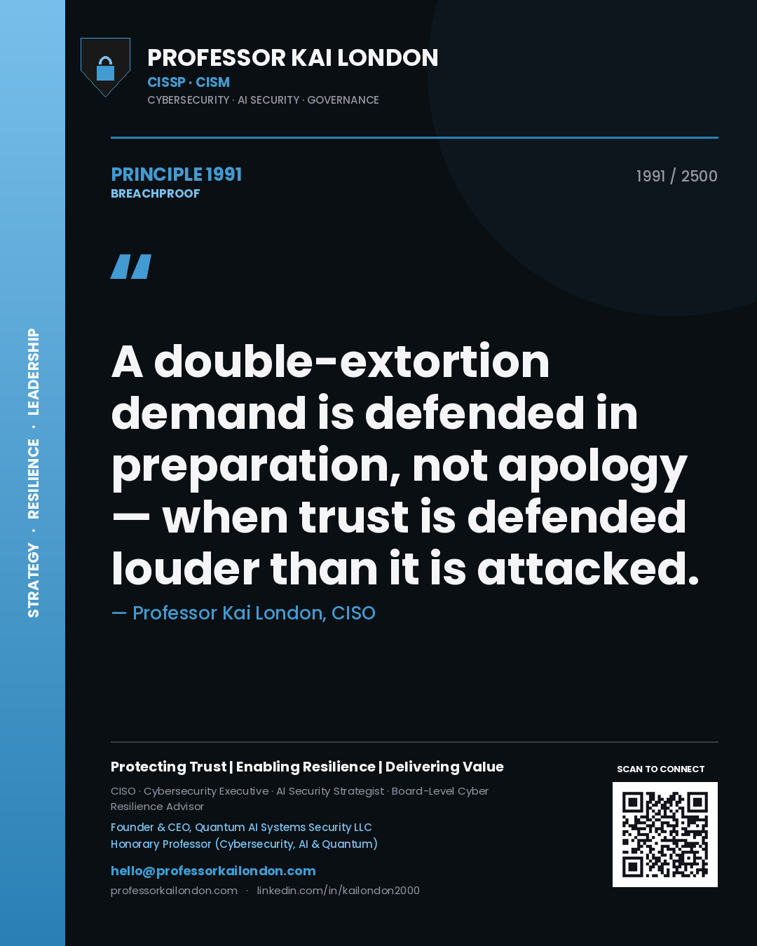 Quote card by Professor Kai London reading 'A double-extortion demand is defended in preparation, not apology — when trust is defended louder than it is attacked.'. From the book Breachproof.