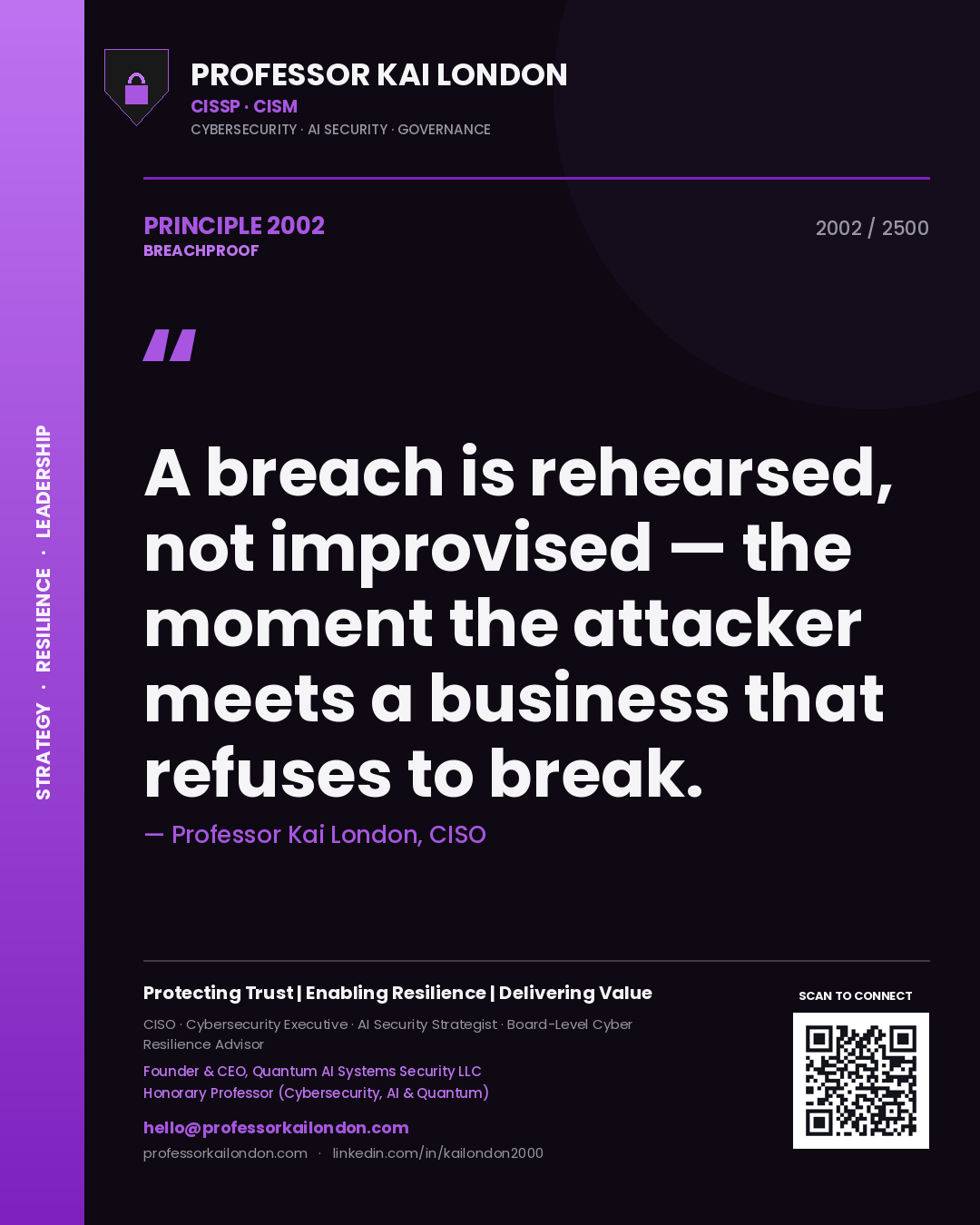 Quote card by Professor Kai London reading 'A breach is rehearsed, not improvised — the moment the attacker meets a business that refuses to break.'. From the book Breachproof.