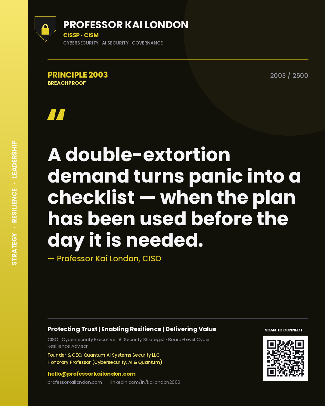 Quote card by Professor Kai London reading 'A double-extortion demand turns panic into a checklist — when the plan has been used before the day it is needed.'. From the book Breachproof.