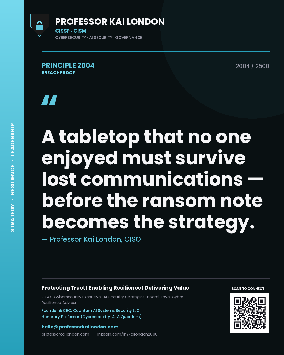 Quote card by Professor Kai London reading 'A tabletop that no one enjoyed must survive lost communications — before the ransom note becomes the strategy.'. From the book Breachproof.