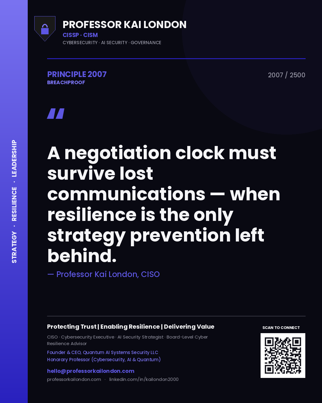 Quote card by Professor Kai London reading 'A negotiation clock must survive lost communications — when resilience is the only strategy prevention left behind.'. From the book Breachproof.