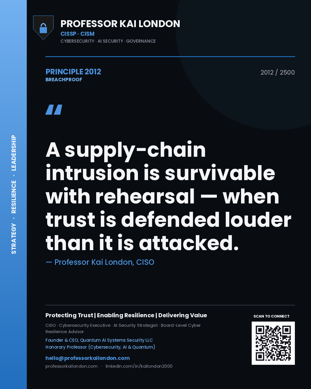 Quote card by Professor Kai London reading 'A supply-chain intrusion is survivable with rehearsal — when trust is defended louder than it is attacked.'. From the book Breachproof.