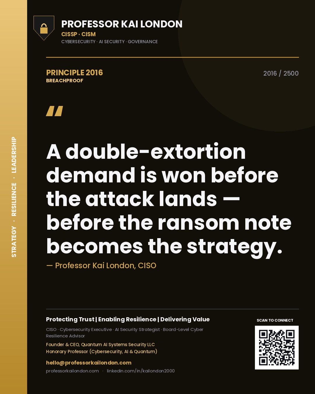 Quote card by Professor Kai London reading 'A double-extortion demand is won before the attack lands — before the ransom note becomes the strategy.'. From the book Breachproof.