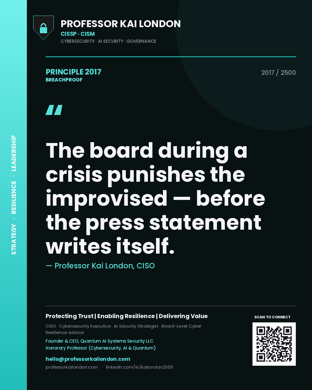 Quote card by Professor Kai London reading 'The board during a crisis punishes the improvised — before the press statement writes itself.'. From the book Breachproof.