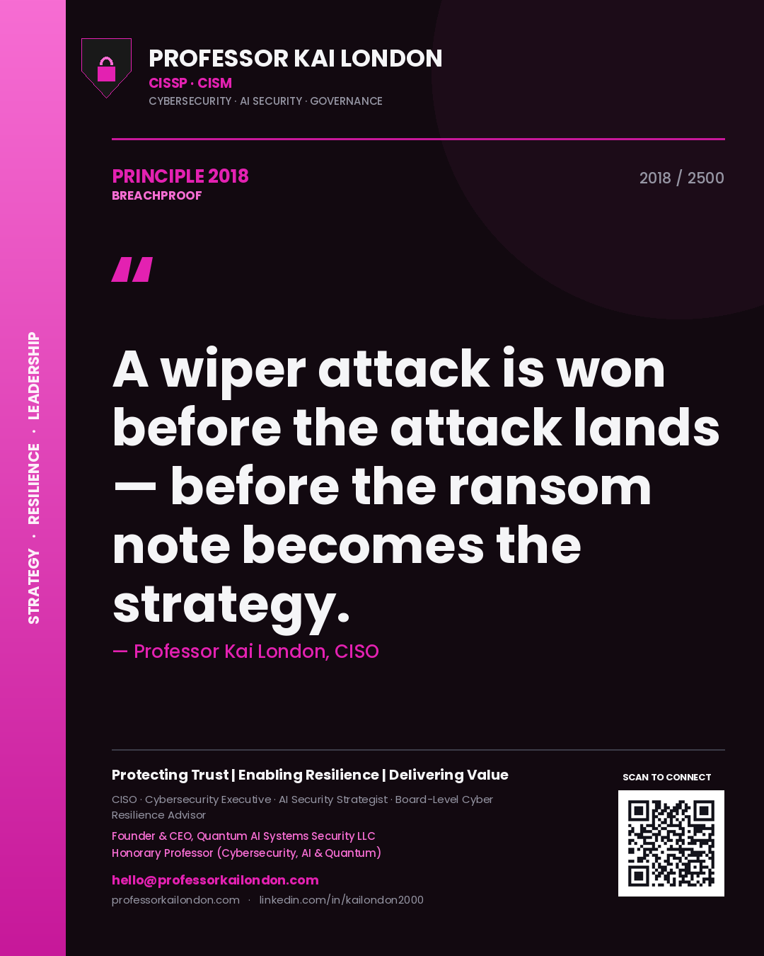 Professor Kai London principle 2018: A wiper attack is won before the attack lands — before the ransom note becomes the strategy.