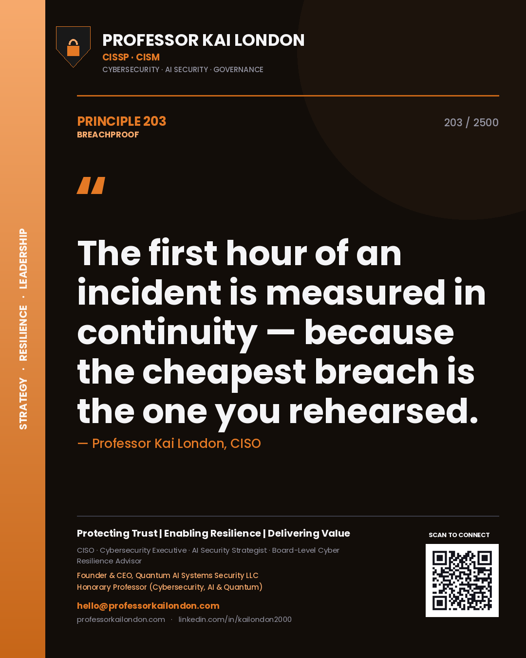 Professor Kai London principle 203: The first hour of an incident is measured in continuity — because the cheapest breach is the one you rehearsed.