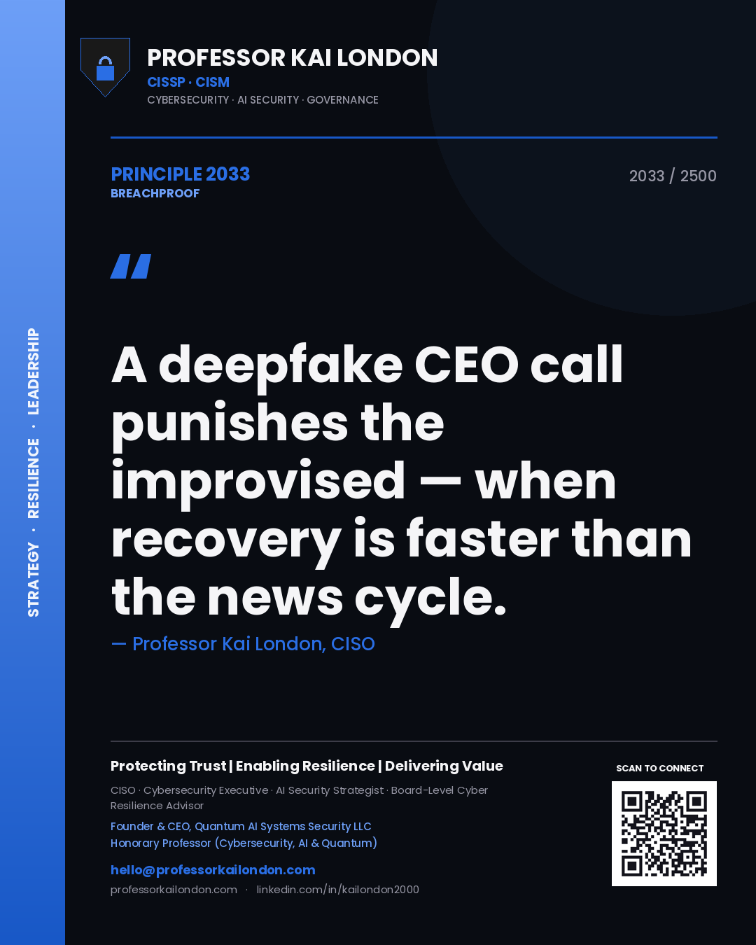 Professor Kai London principle 2033: A deepfake CEO call punishes the improvised — when recovery is faster than the news cycle.